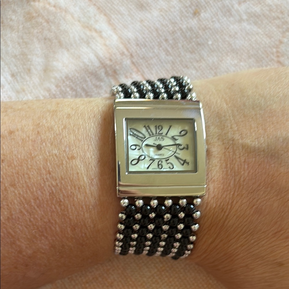Silver and Black Beaded Women's Watch